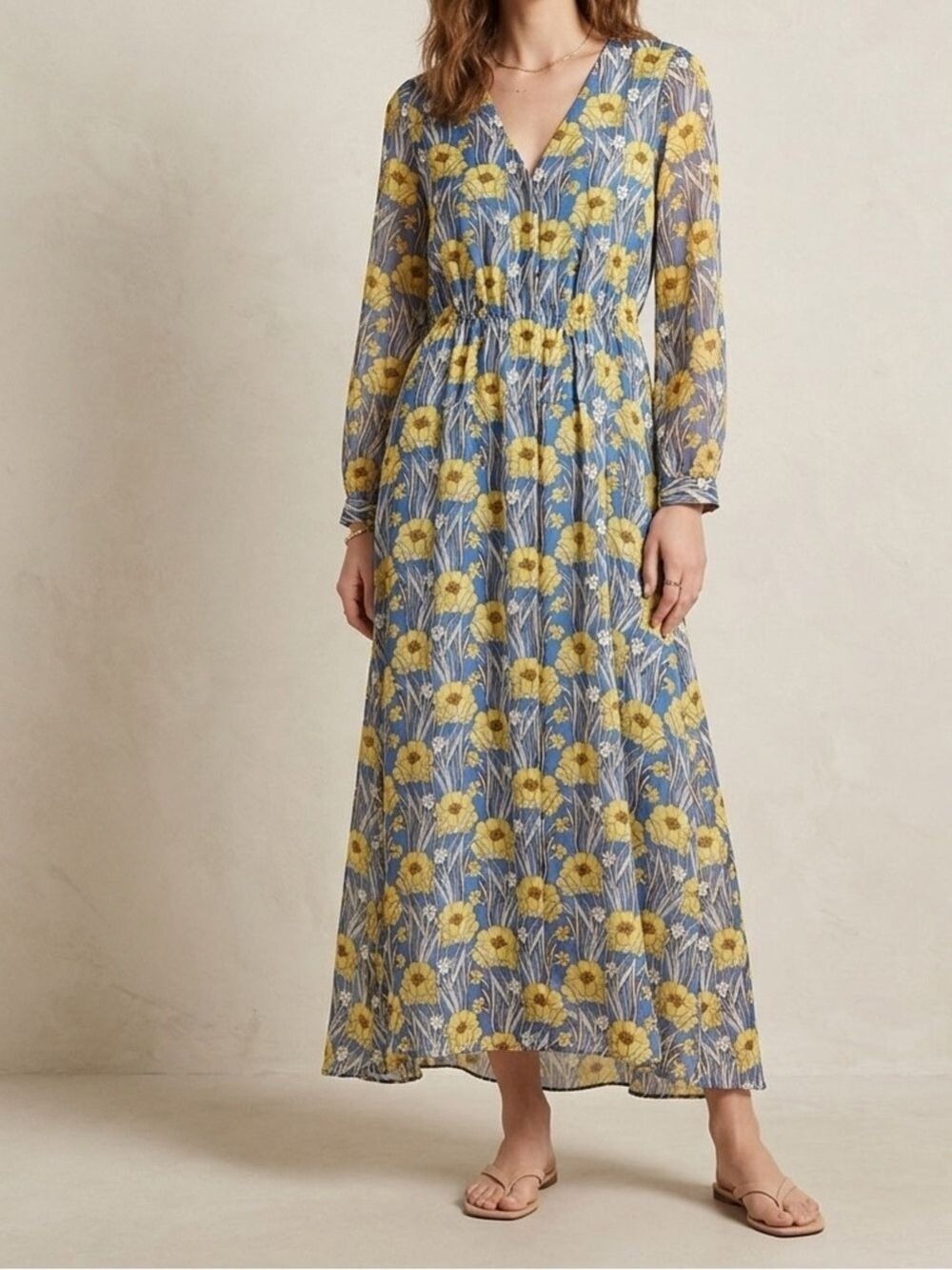 Massimo Dutti Mulberry Silk Floral Maxi Dress Size 4 Blue Yellow
